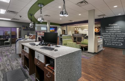 Behind the teller pod