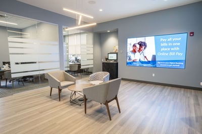 Lounge seating and an integrated LED display in the wall