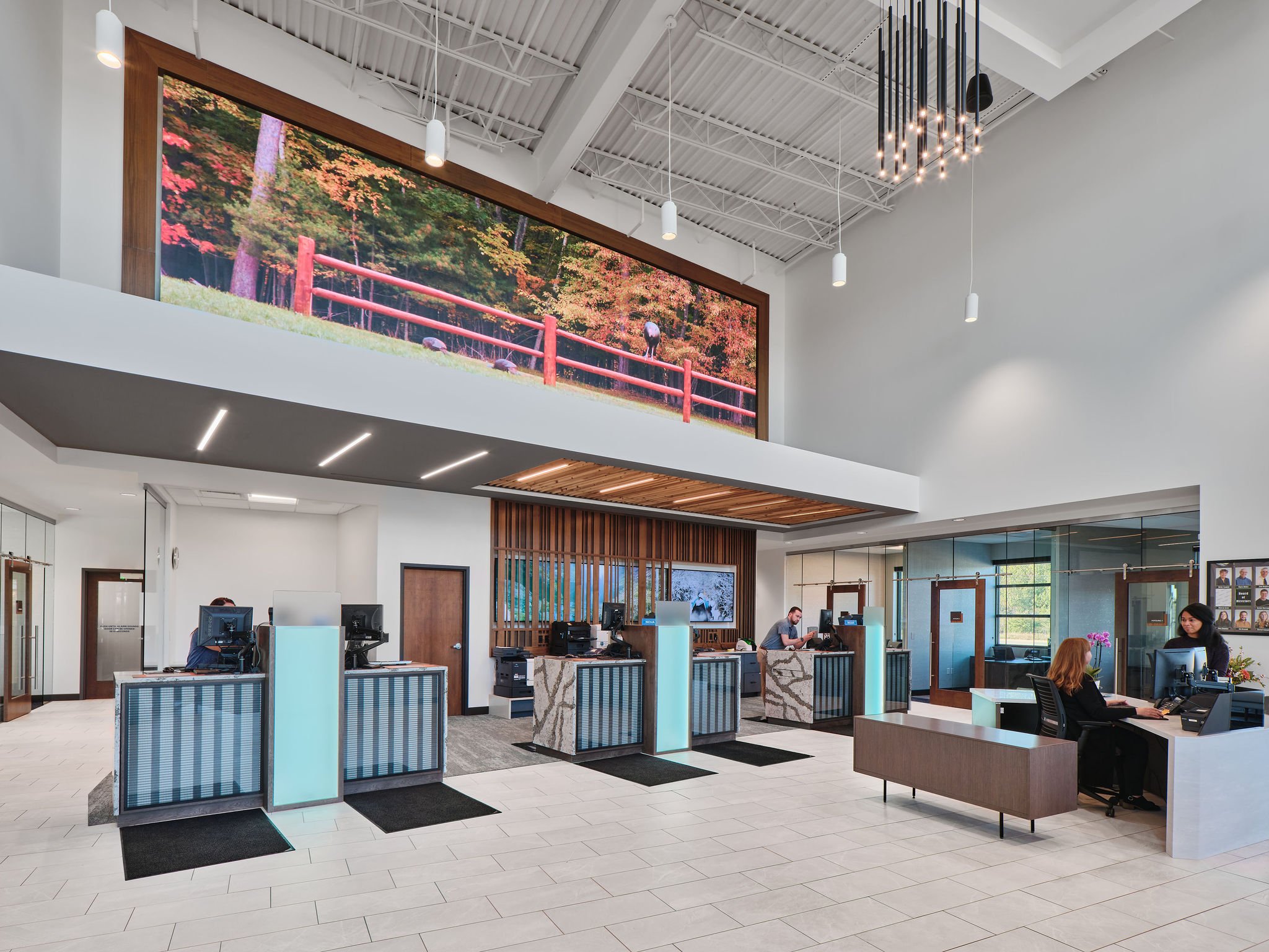 Open main lobby with giant LED wall