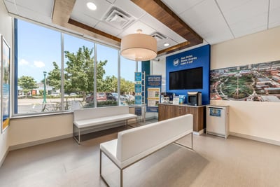 Member lounge overlooking the parking lot of the credit union