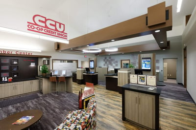 Teller pods and check desk in a new credit union