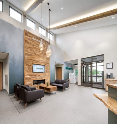 A credit union lobby with locally sourced building materials