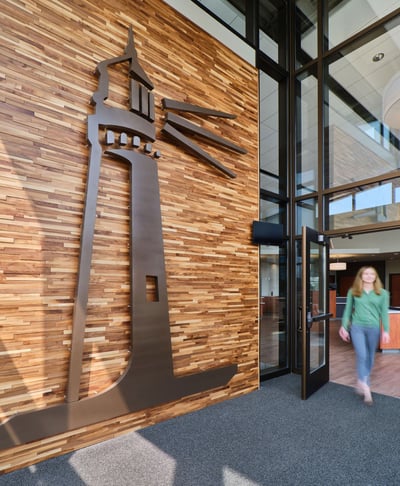 Landmark Credit Union's signature brand element in vestibule