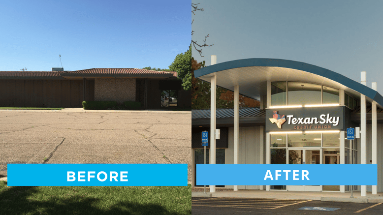 Texan Sky Credit Union exterior before and after