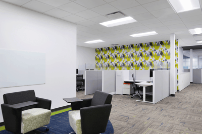 breakout space and open cubicles at Vibe Credit Union's new office in Waterford