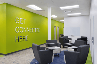 breakout space at Vibe Credit Union with wall accent