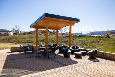 Outdoor patio of exterior of new Bayer Heritage operations center