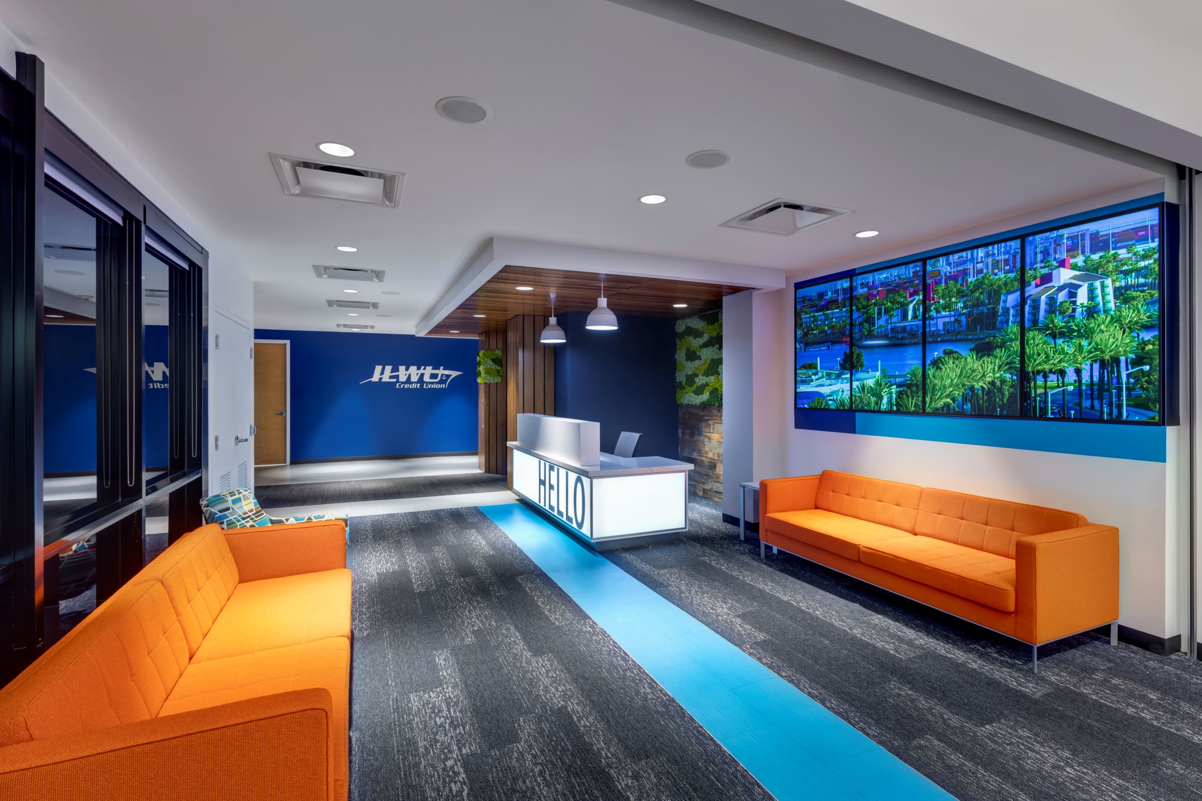 Member lounge area facing desk reception in the credit union branch