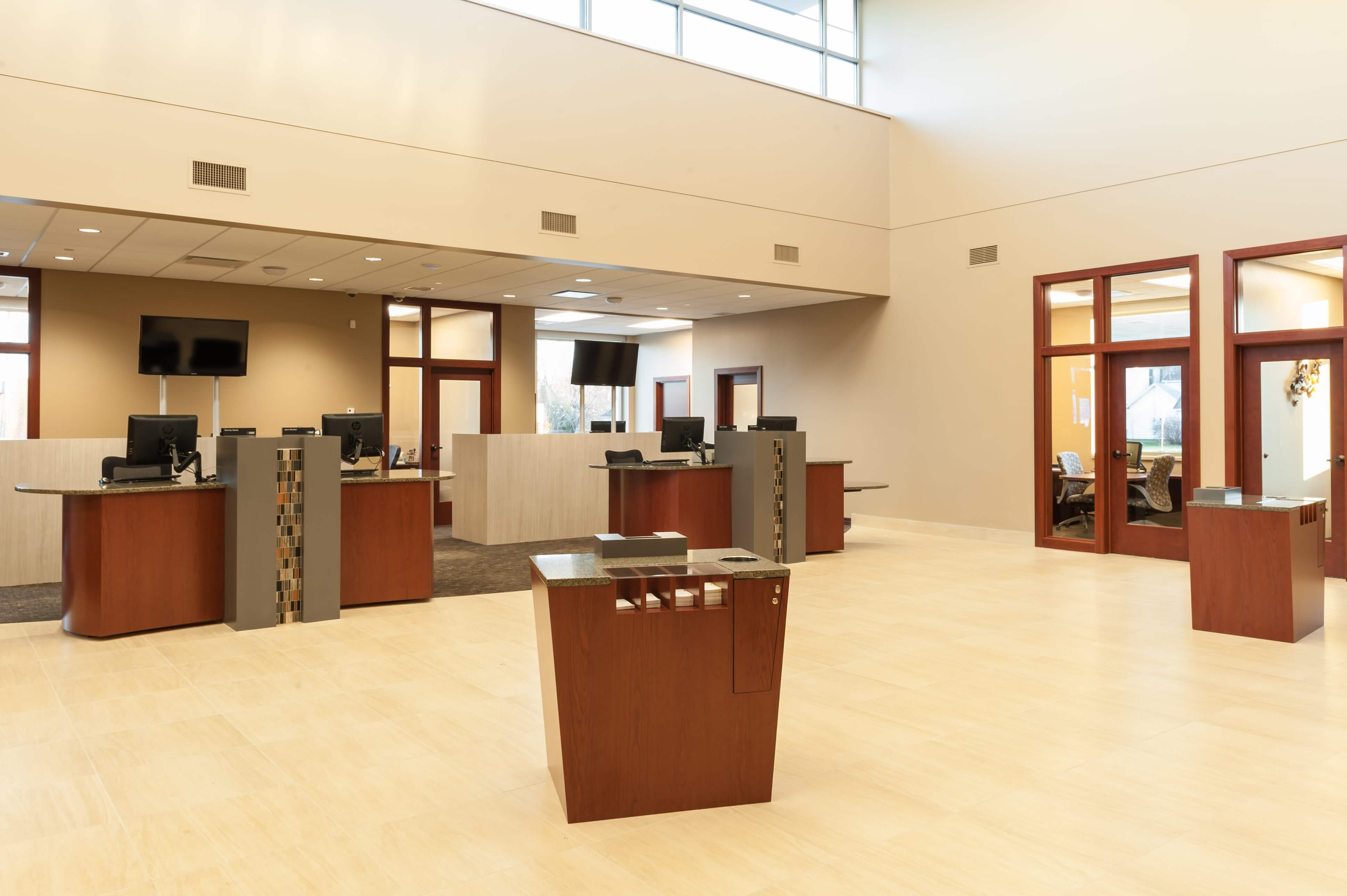 Bank teller pods and check desk