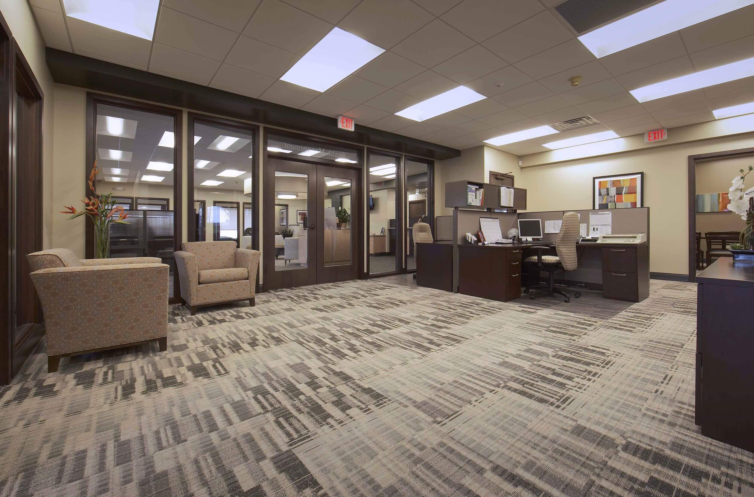 Waiting areas and private offices in a bank