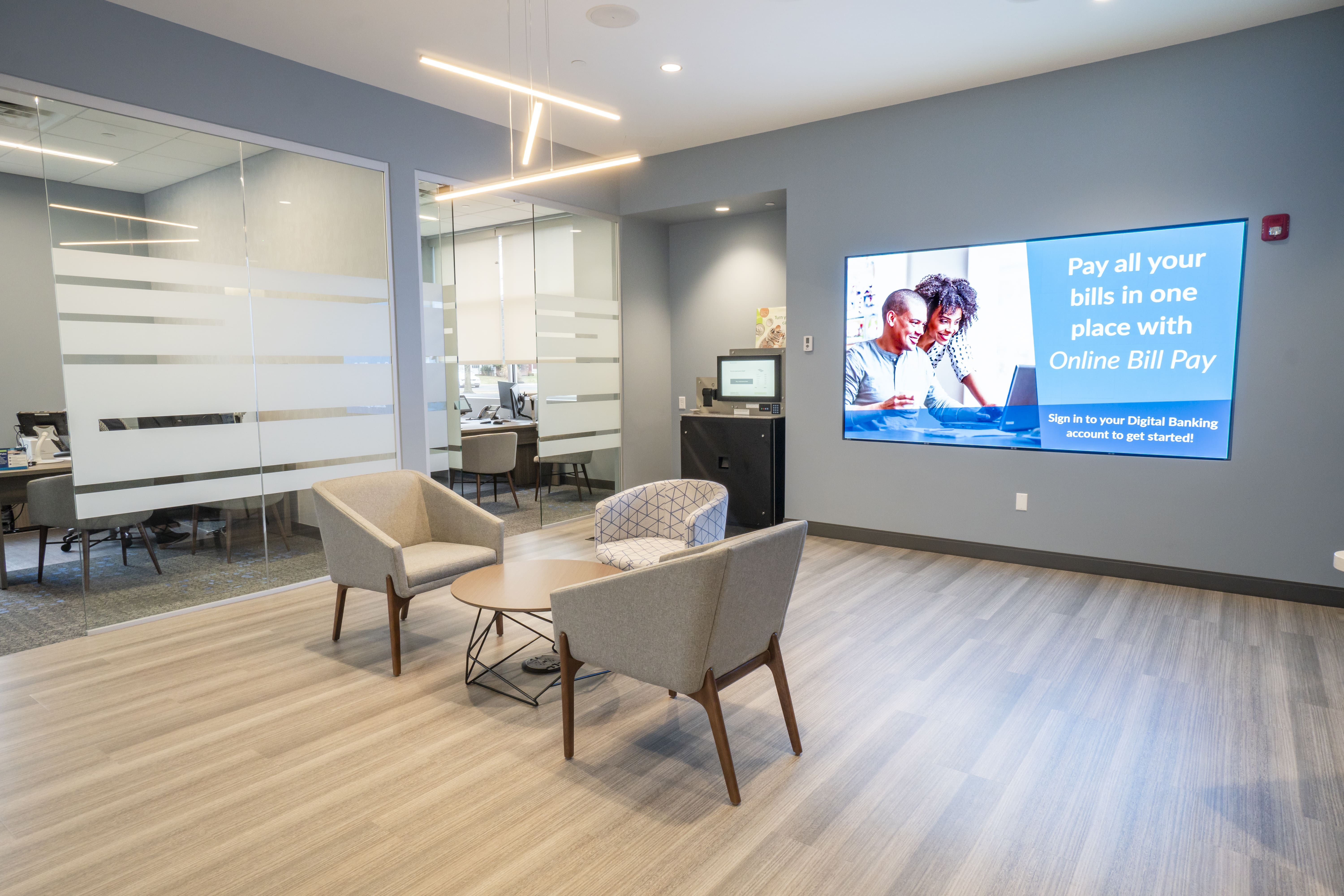 Lounge area for members inside of a new credit union branch