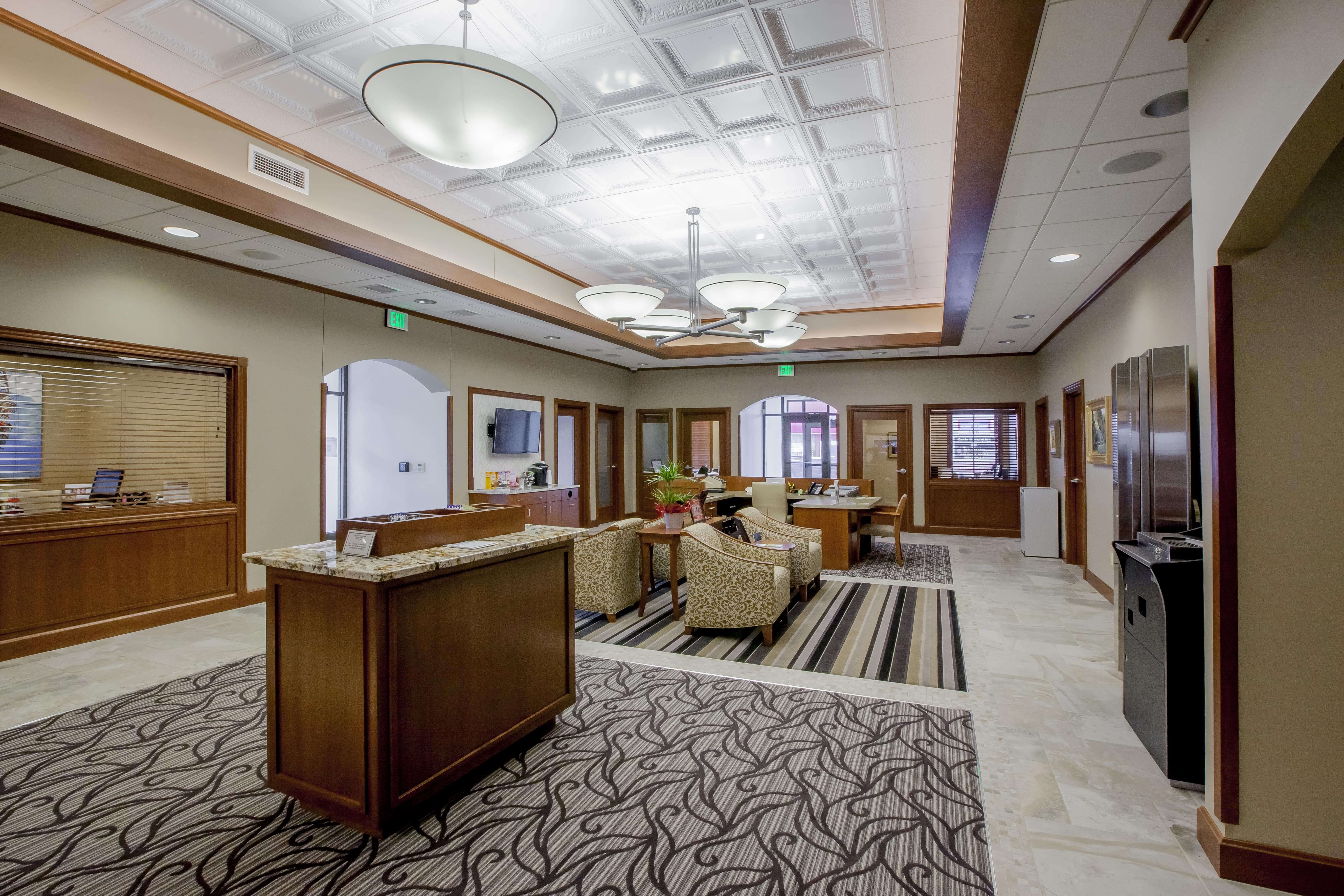 Renovated bank lobby and a check desk