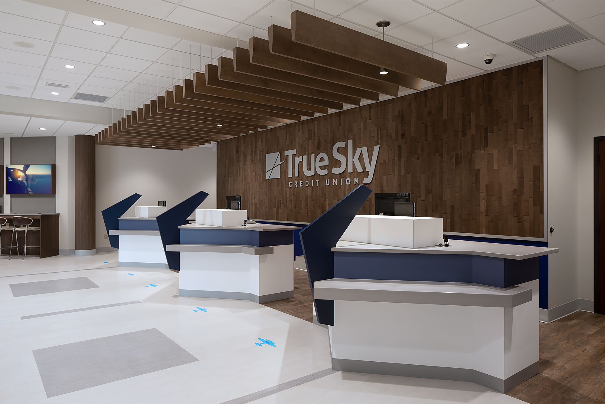 Close up view of branded teller pods at True Sky Credit Union