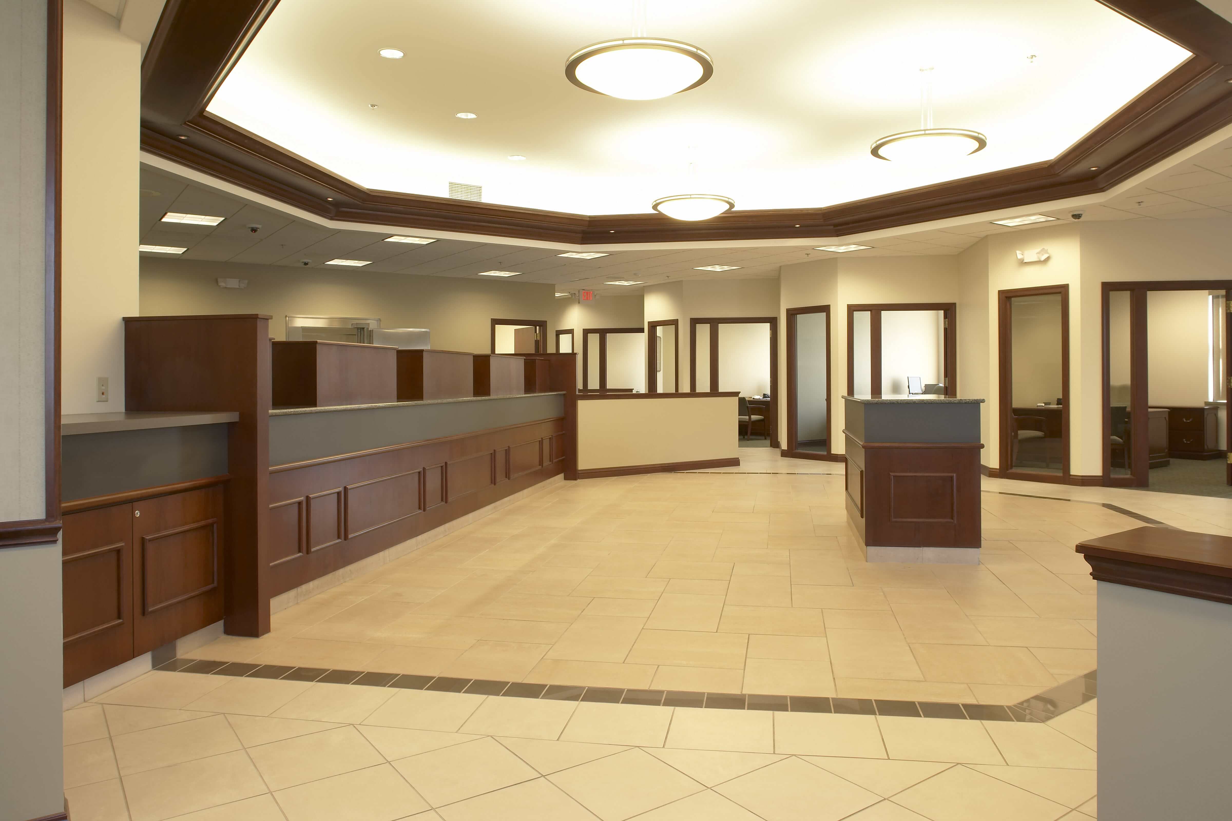 Teller lines and check desk at a bank