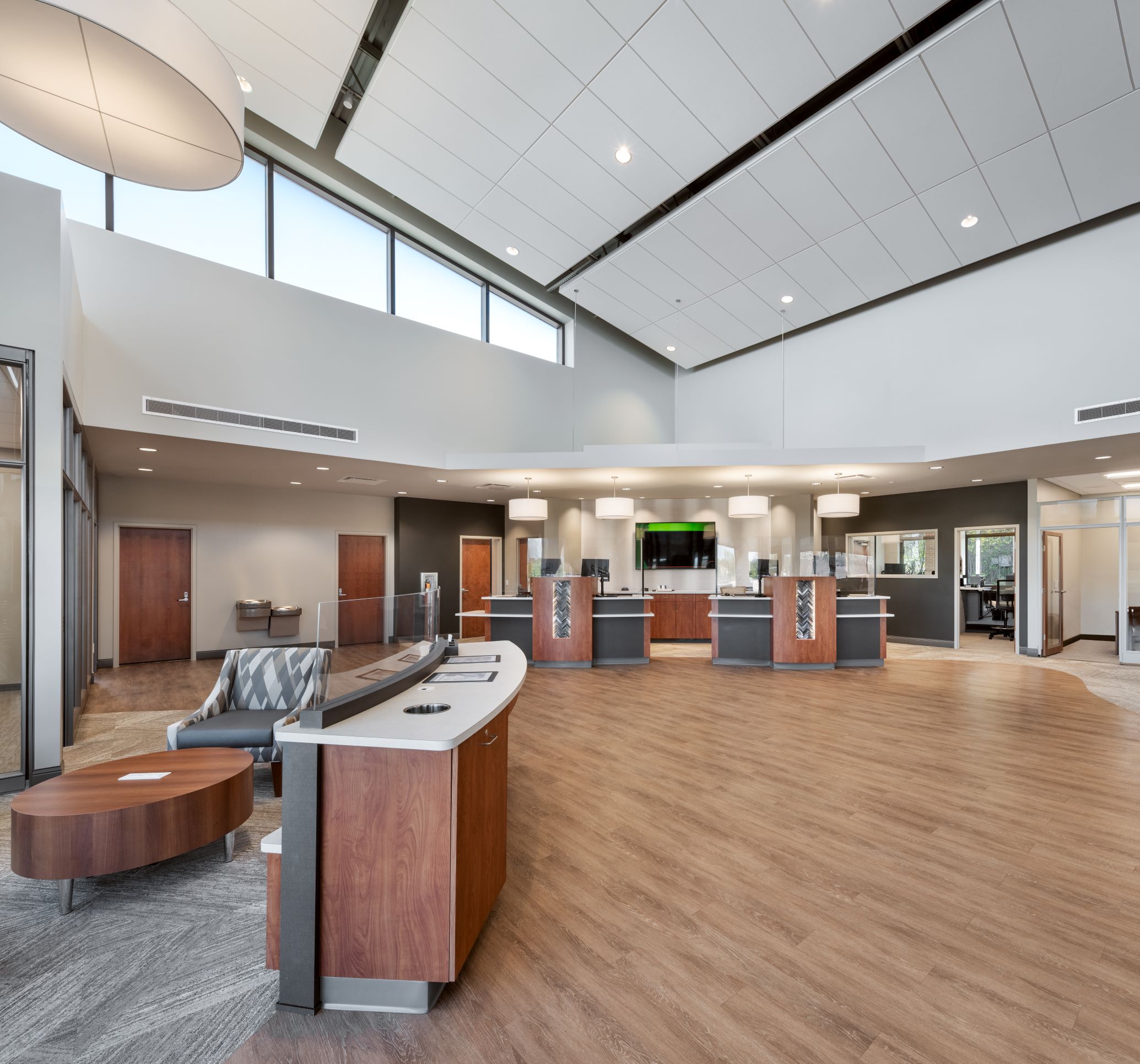 Check desk and teller pods in the lobby