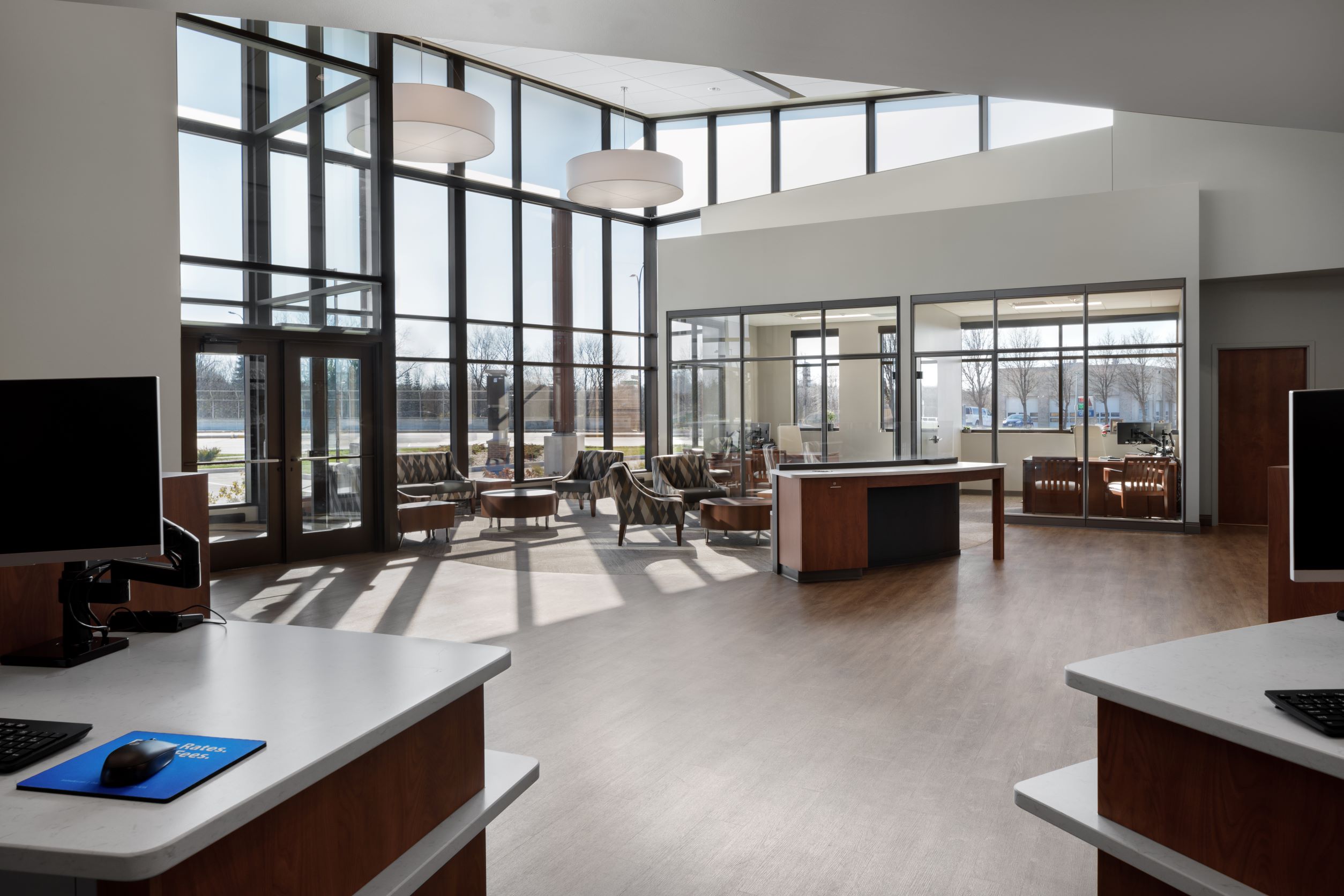 Well lit lobby with lots of open space in the new credit union