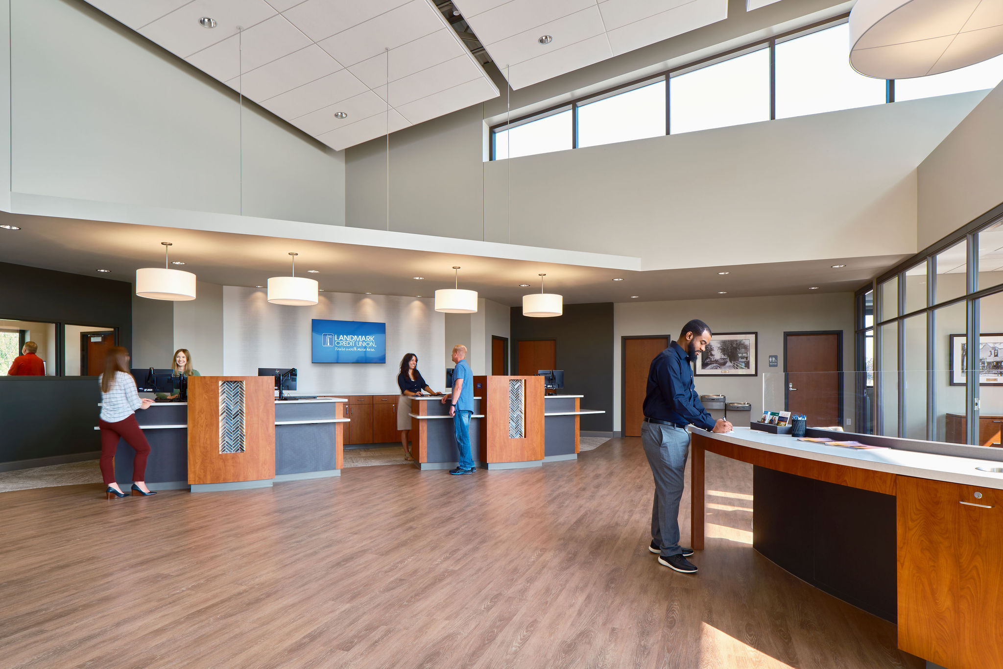 Teller lines and a check desk are immediately accessible upon entry into the branch 
