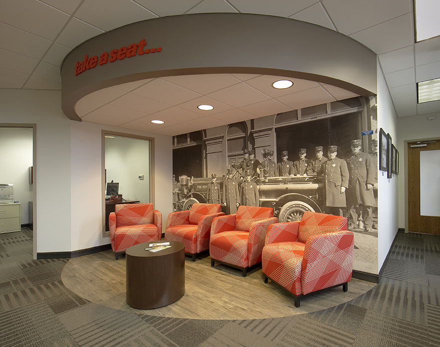 Waiting area with history mural wall