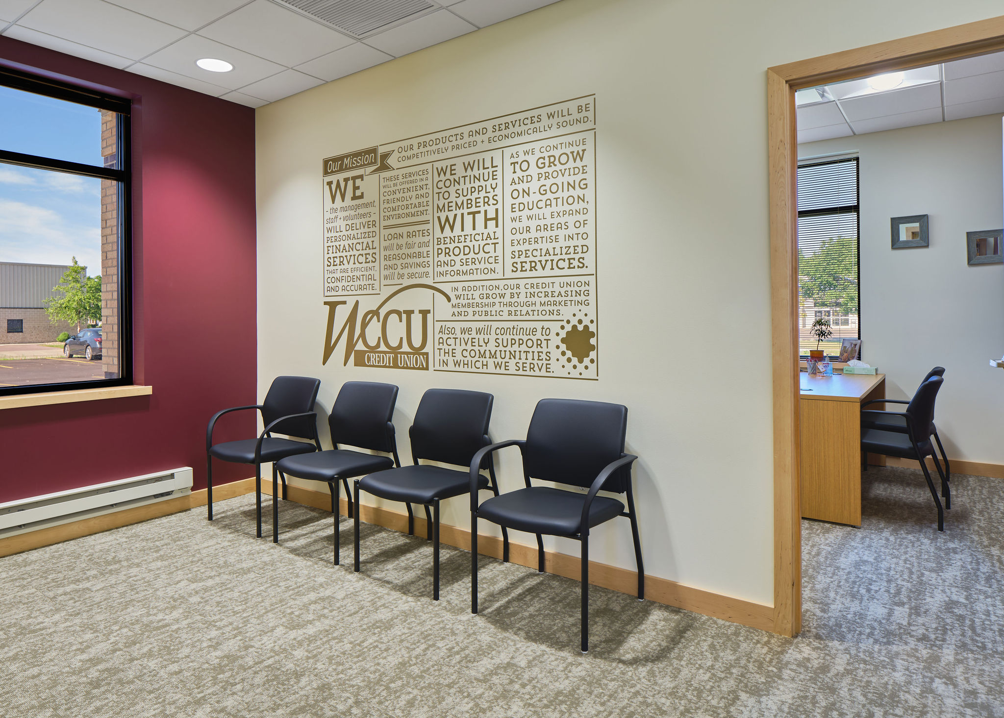 Branded waiting area in a credit union branch